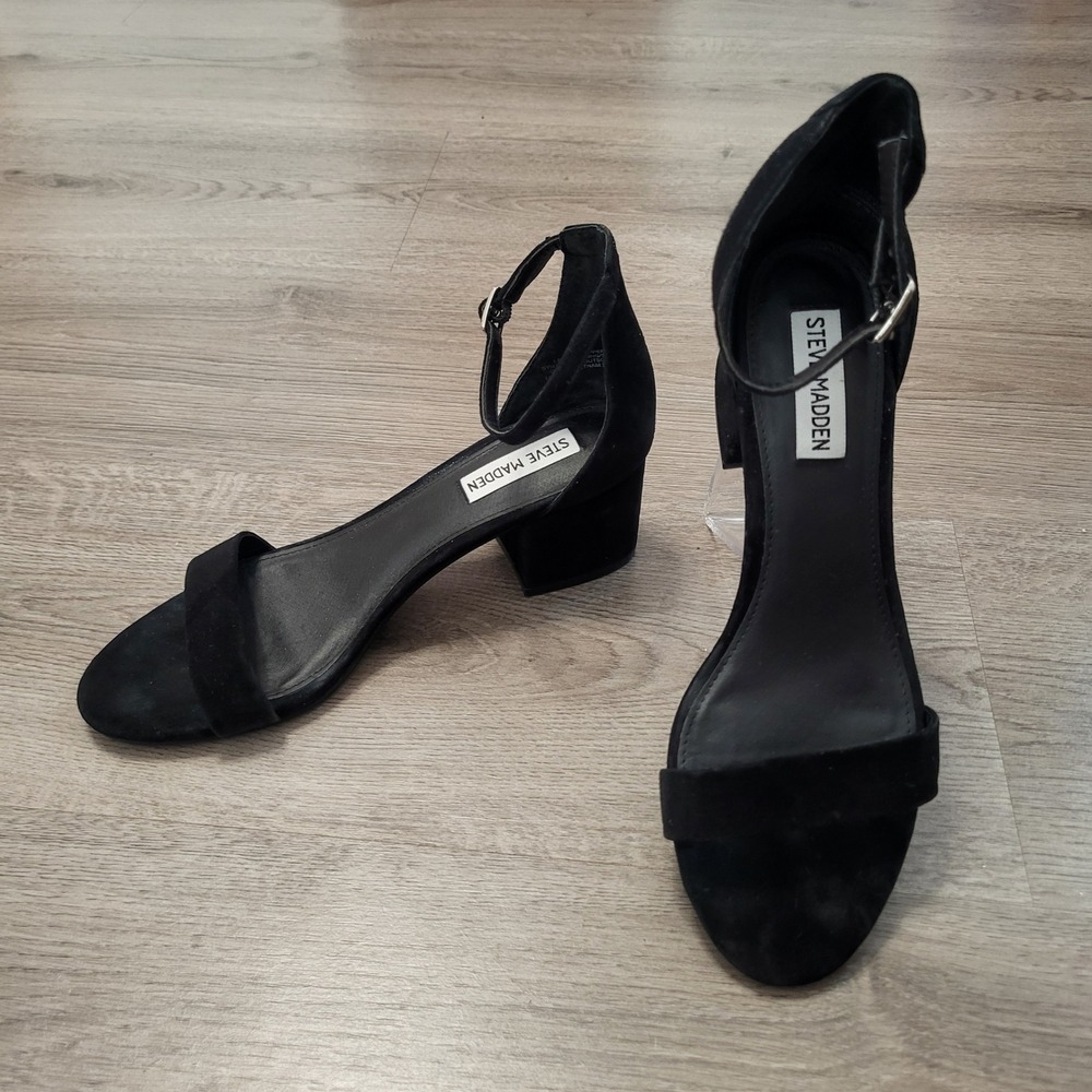 Steve Madden Irenee Black Suede Block Heel Sandals Ankle Strap Women 8 Minimal